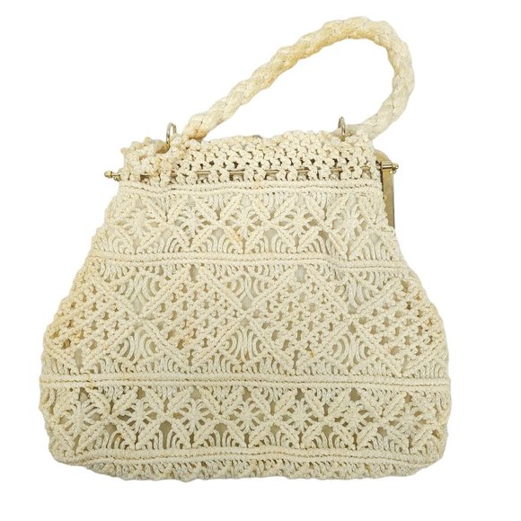 Vintage Crochet Handbag AS-IS READ Rope Handle Boho Purse Clasp Closure Cream - Picture 2 of 11